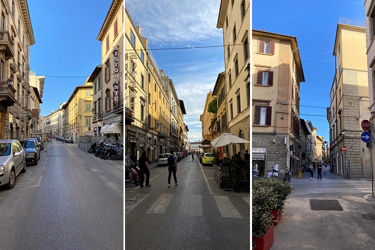 Gli scatti che Vetulio Bondi ci ha inviato, che inquadrano via Faenza e via Nazionale praticamente deserte - Il gelato va, ma non dappertutto Bondi: «Il guaio del centro città»
