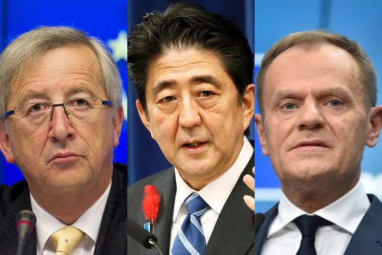 Jean-Claude Juncker, Shinzo Abe e Donald Tusk (Maxi accordo Europa-Giappone Favoriti carne, vino e formaggi)