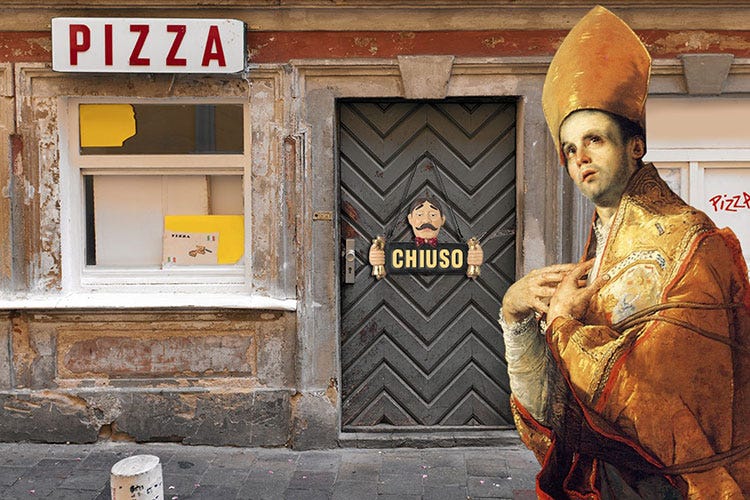 «Vi hanno chiuso le pizzerie! Ma ti rendi conto?», ha detto San Gennaro a Gennarino - San Gennaro ai napoletani:«Ecco perché non ho sanguinato»