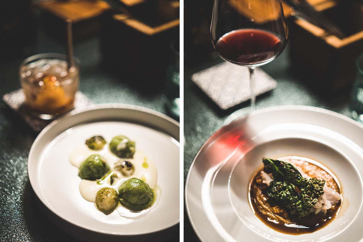 Bottoni allo sgombro, cavoletto, brie, vinaigrette e Cassoeula di ali di razza, trippette di baccal&agrave; Momento Clu, cena