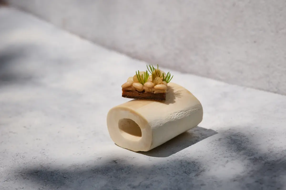 Patata nera, acciughe, pinoli neri e midollo. Foto Suzan Gabrijan Hiša Franko, la Slovenia da due stelle Michelin