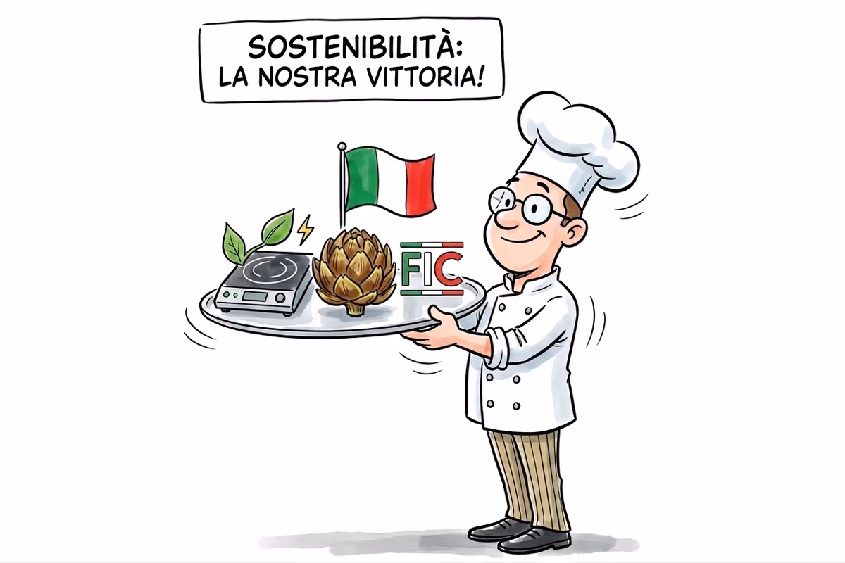 Illustrazione di uno chef che serve un carciofo, un fornello elettrico e il logo FIC