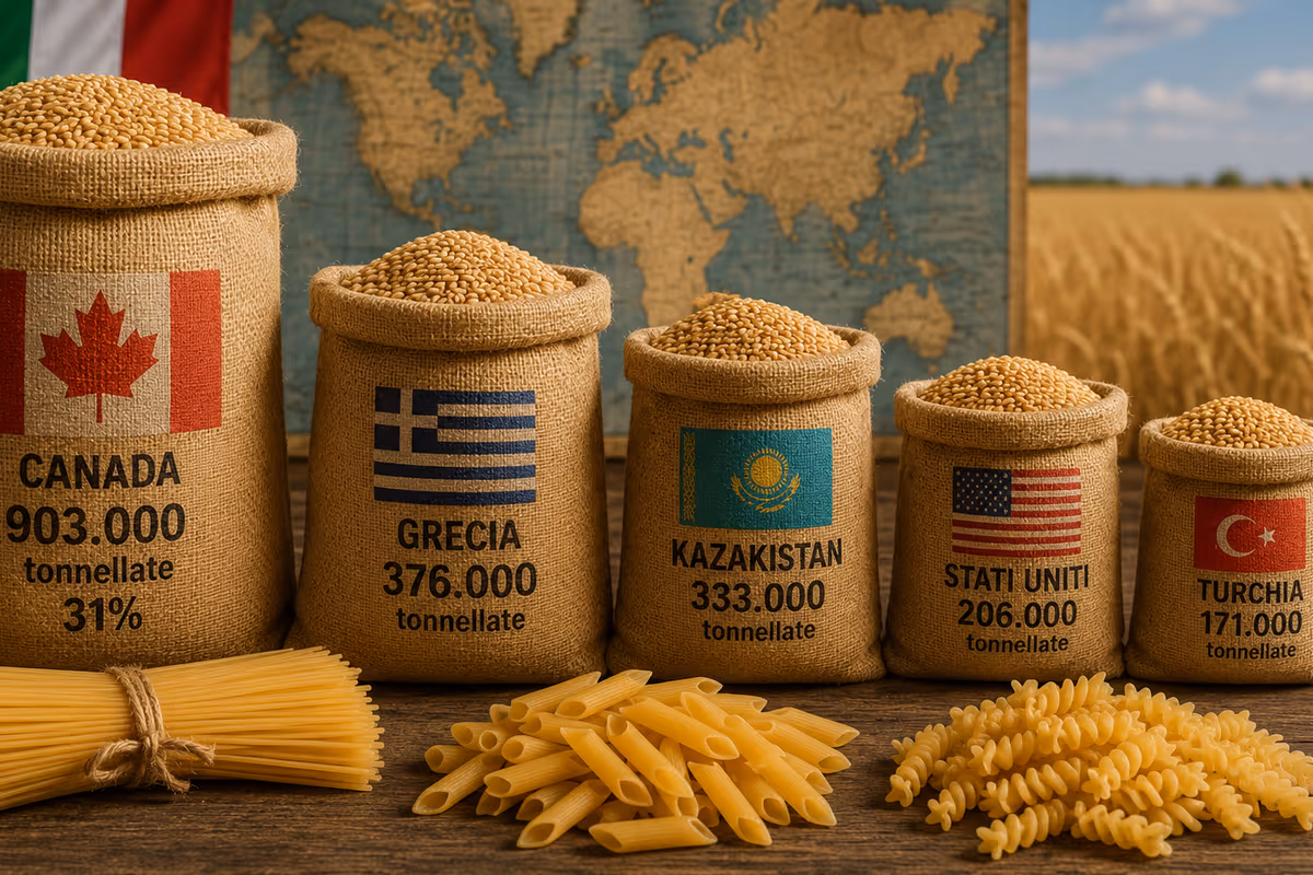 Sacchi di grano con bandiere di Canada, Grecia, Kazakistan, Stati Uniti e Turchia