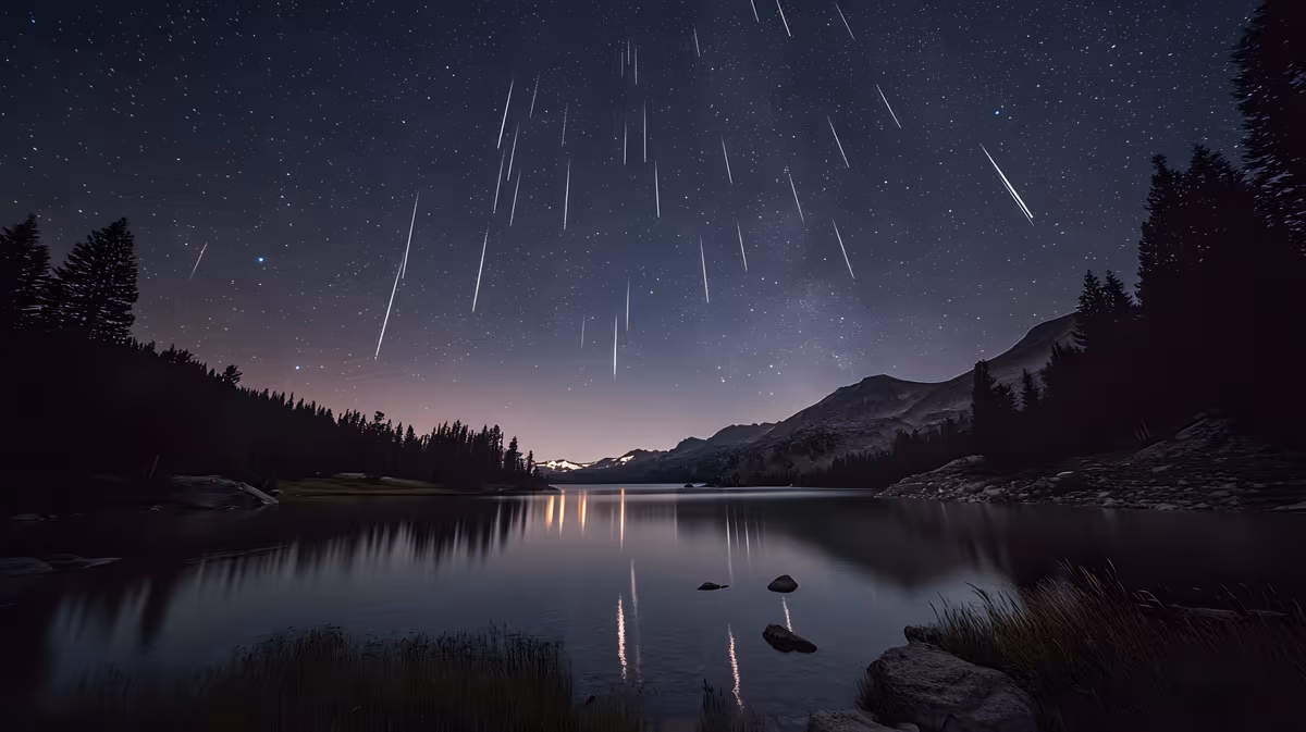 Stelle cadenti sopra un lago alpino circondato da boschi durante la notte