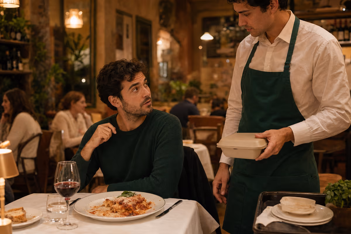 Un cameriere consegna una vaschetta per asporto a un cliente al ristorante