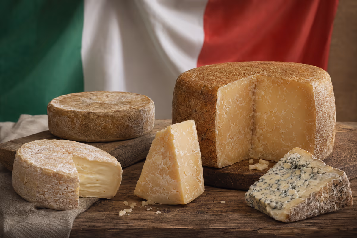 diverse varietà di formaggi italiani posti su un tavolo di legno rustico