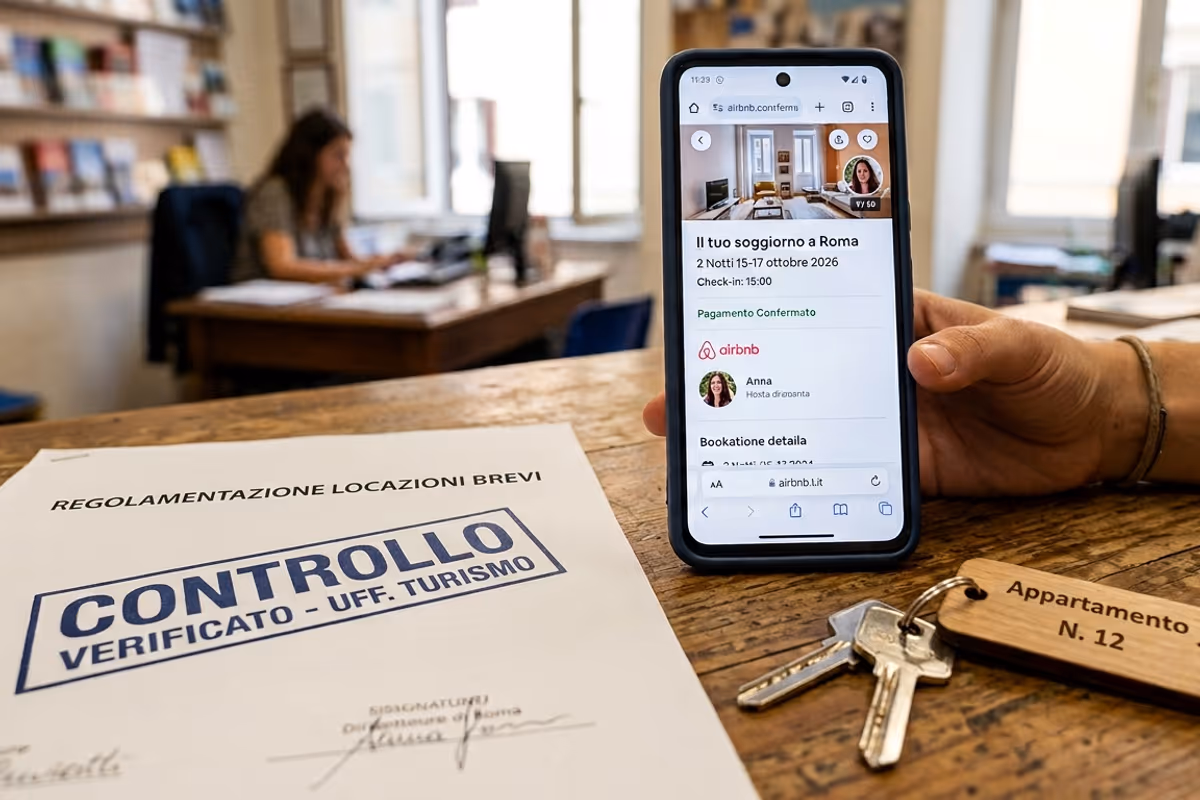 Una mano regge uno smartphone che mostra una prenotazione Airbnb accanto a chiavi turistiche
