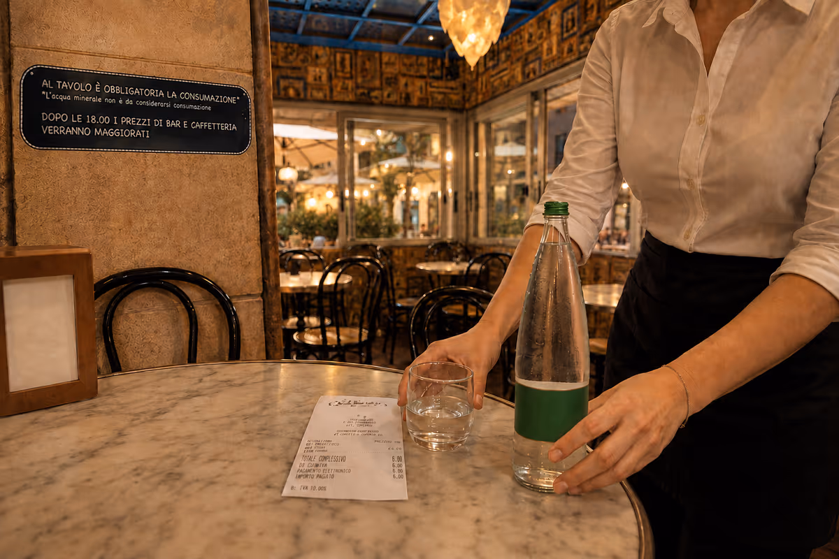 cameriera serve acqua al tavolo del Bar Jamaica con cartello sui prezzi maggiorati