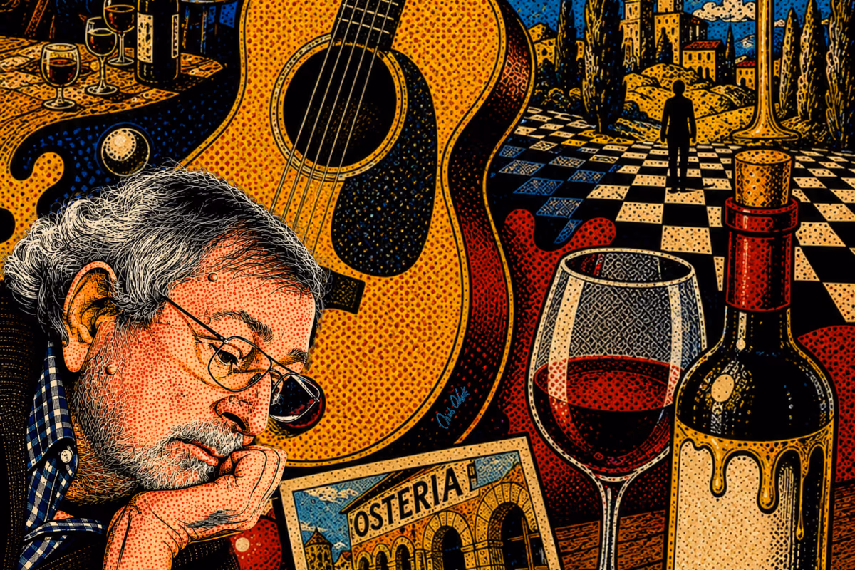 Illustrazione artistica che ritrae il cantautore Francesco Guccini con chitarra e calice di vino