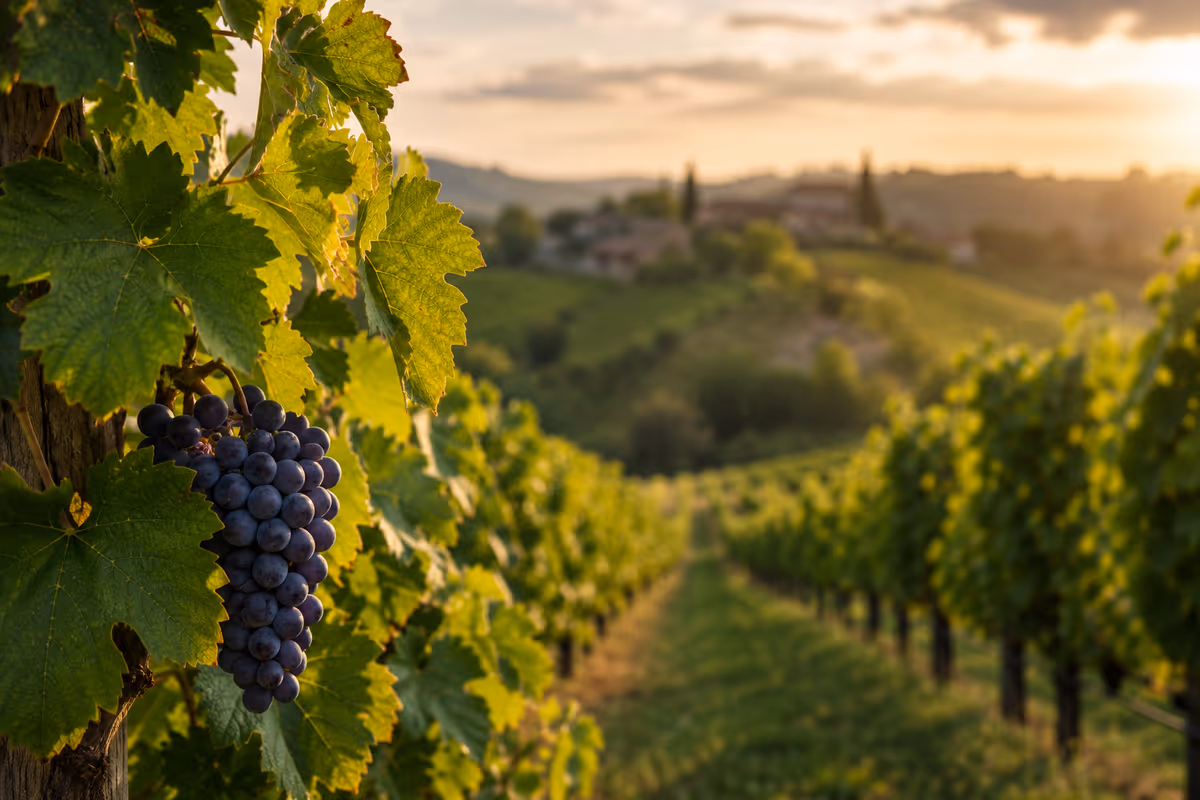 grappolo di uva nera in primo piano tra i filari di un vigneto