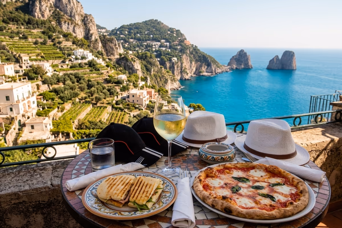 Un calice di Capri Doc Bianco con vista sui pendii capresi