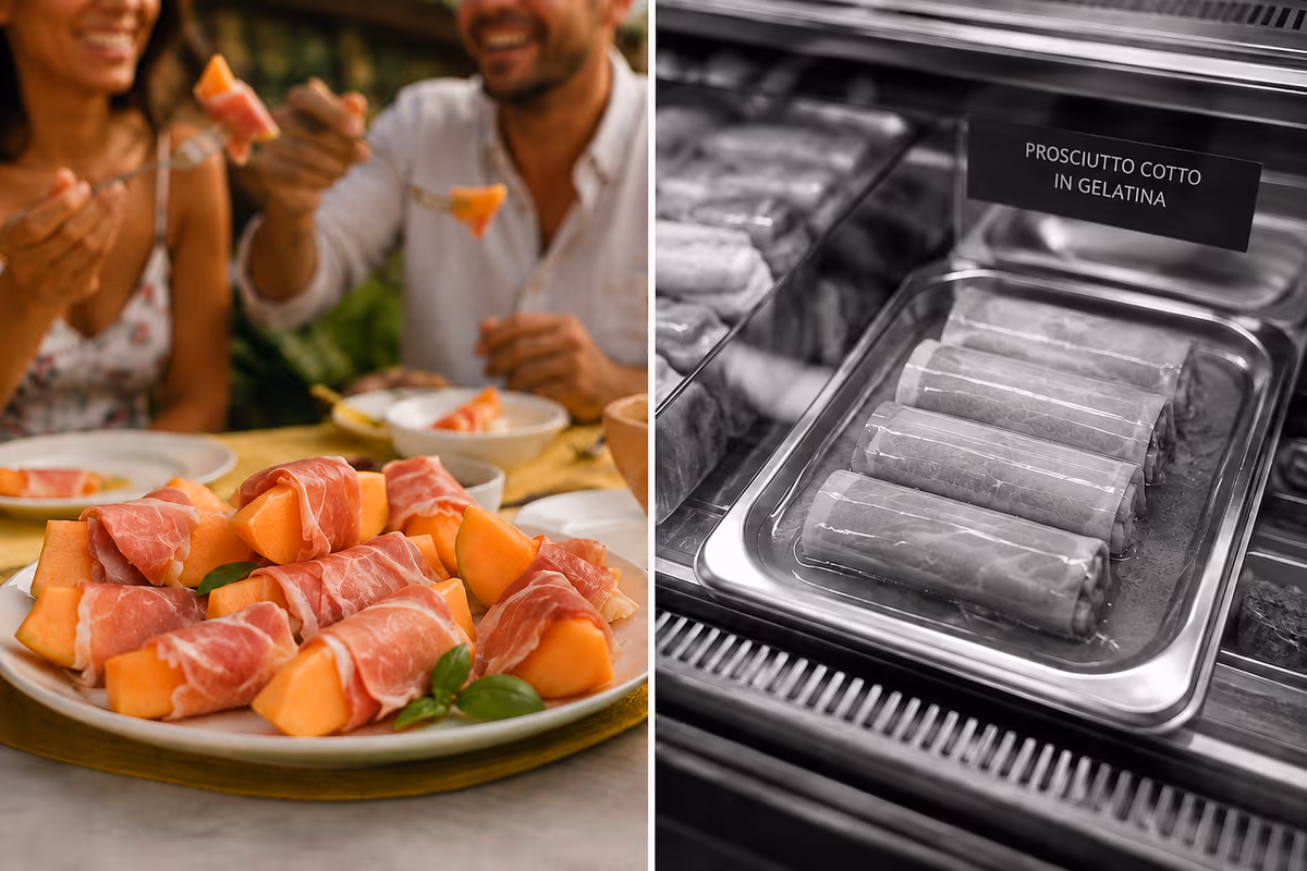 Piatto di prosciutto e melone accanto a involtini di prosciutto cotto in gelatina
