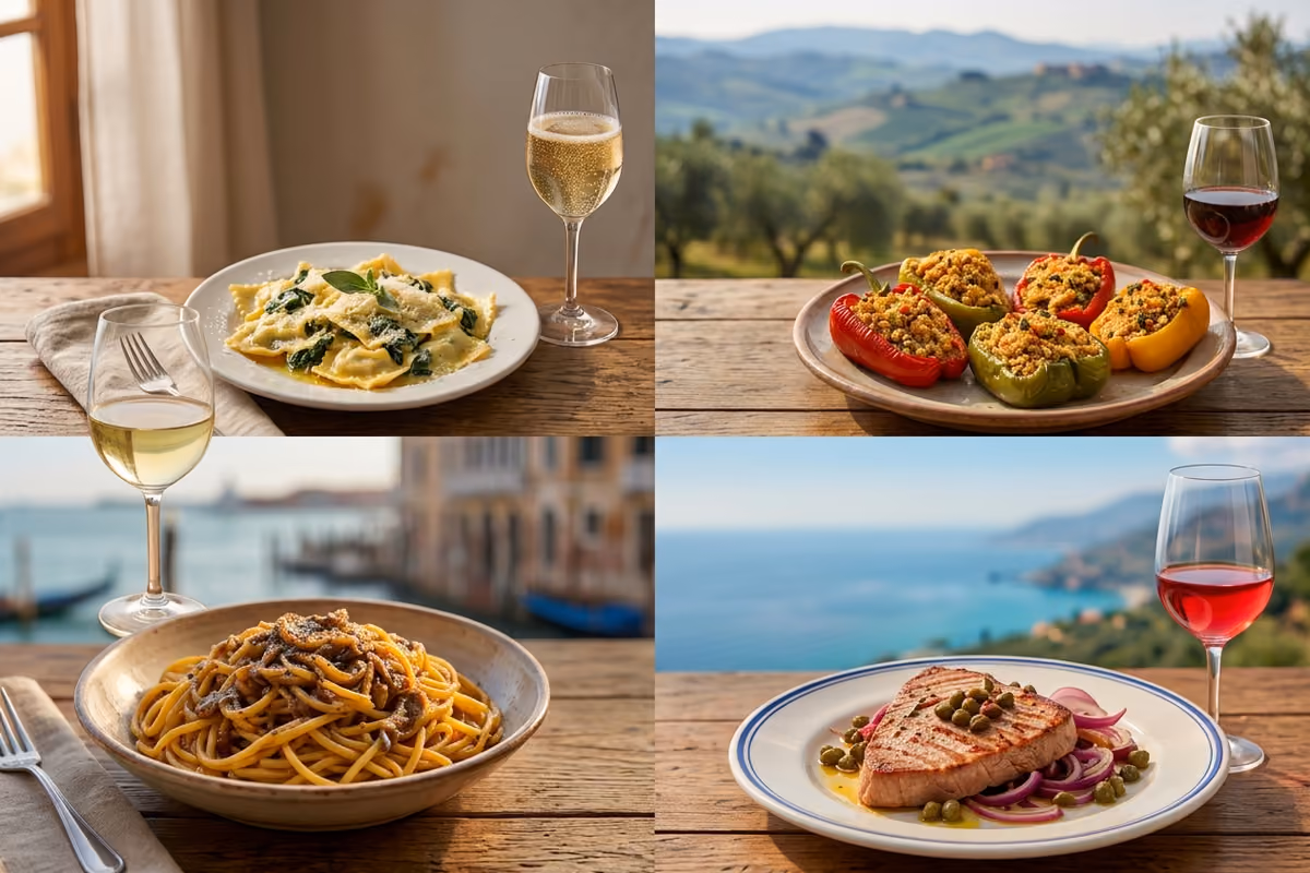 Quattro piatti tipici italiani con calici di vino su tavoli all'aperto