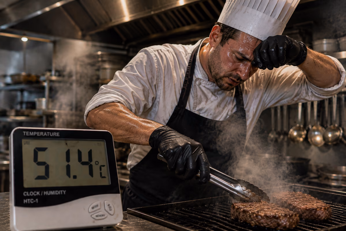 Chef accaldato cucina carne alla griglia con un termometro digitale che segna alta temperatura