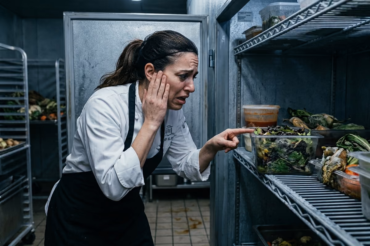 chef donna in cucina guarda sconvolta un contenitore di verdure deteriorate nella cella frigorifera