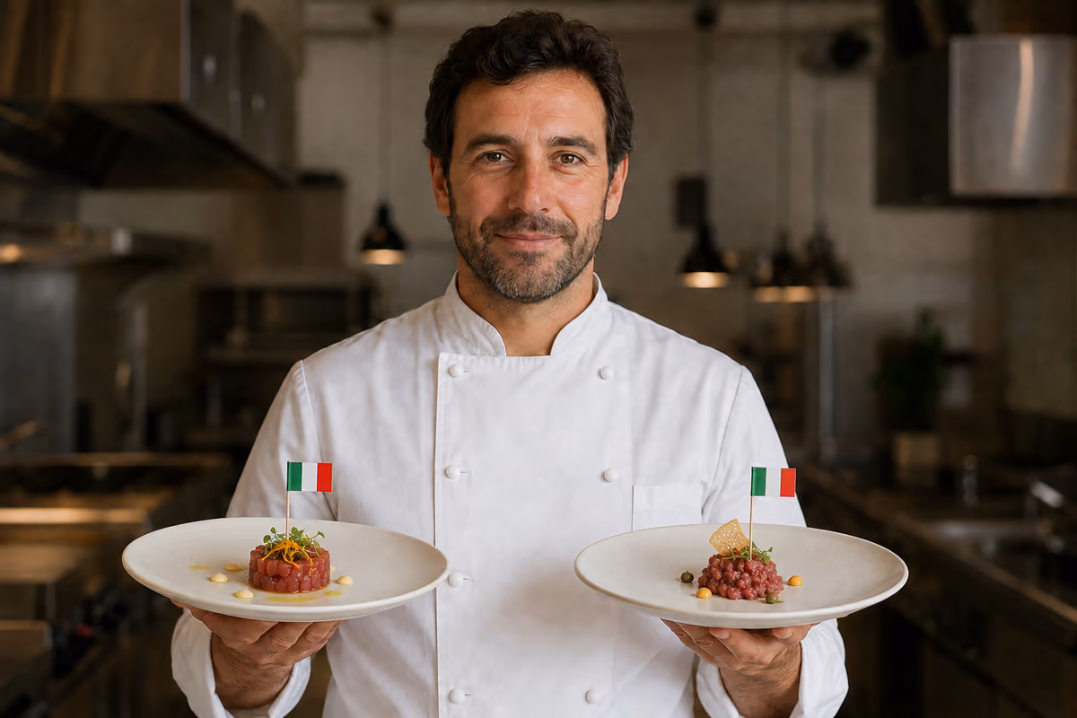 Chef in divisa bianca tiene due piatti con tartare guarnite da bandierine italiane