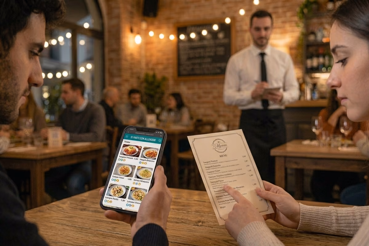 Due clienti consultano menu cartaceo e digitale in un ristorante con cameriere sullo sfondo