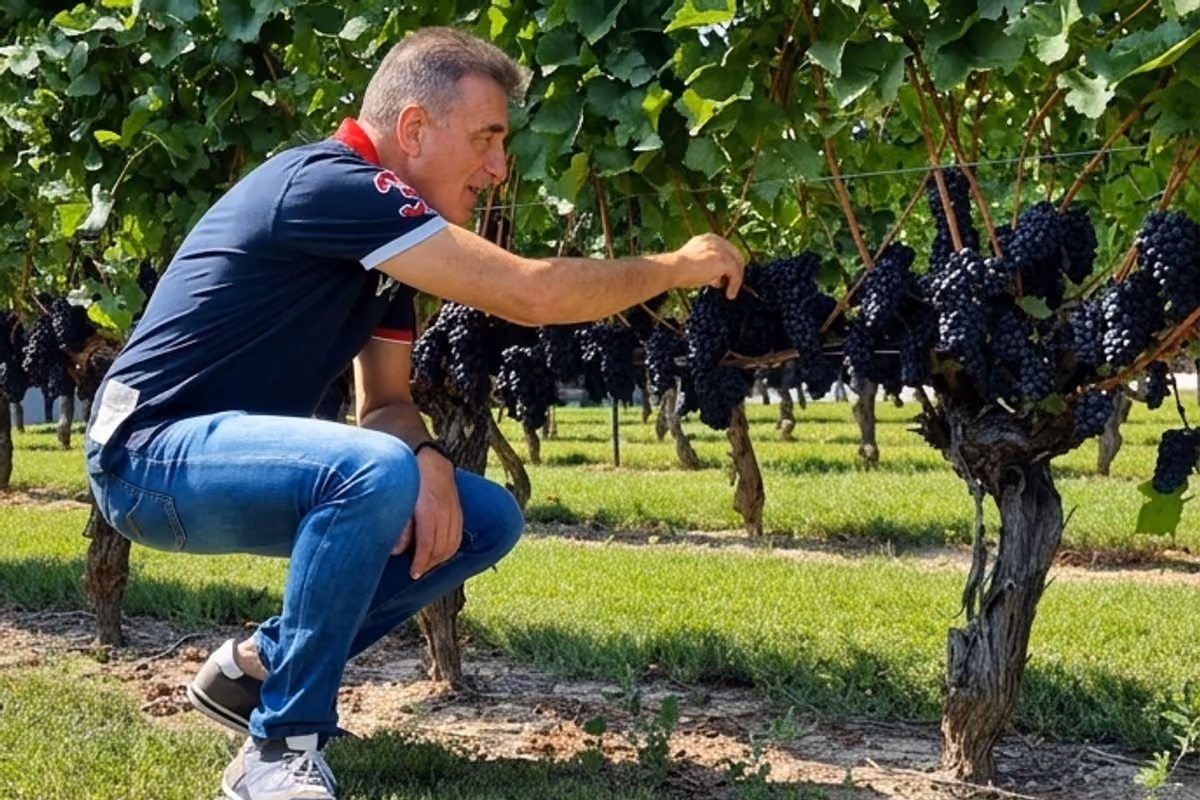 Valentino Sciotti accovacciato tra i filari osserva i grappoli d'uva nera in vigneto