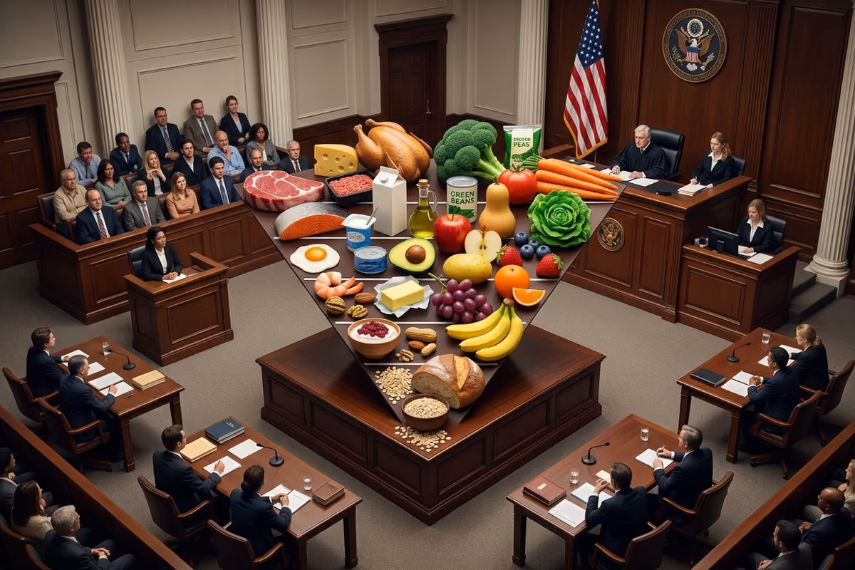 un'aula di tribunale con una piramide alimentare al posto del banco centrale