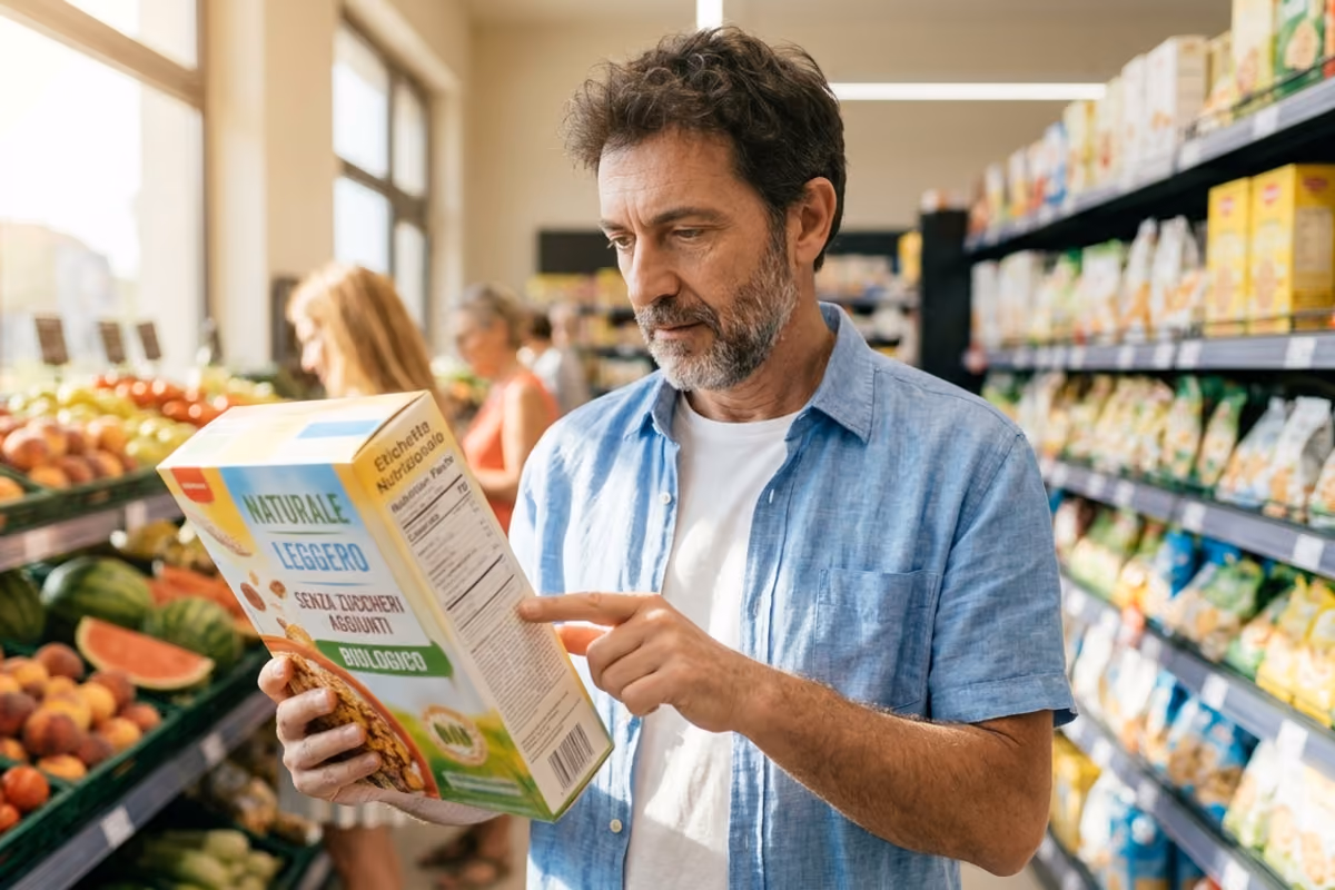 uomo che legge attentamente l'etichetta nutrizionale di una confezione di biscotti al supermercato