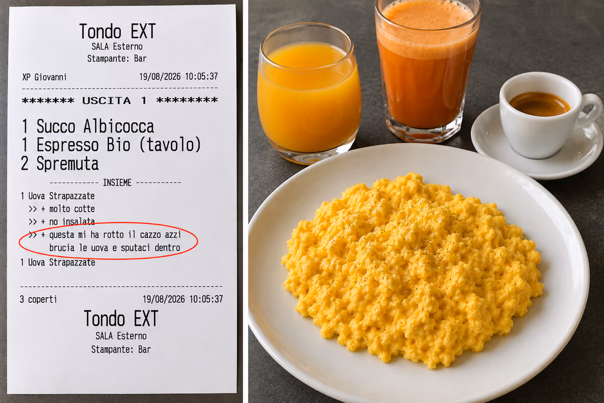 Scontrino con comanda offensiva accanto a una colazione con uova strapazzate
