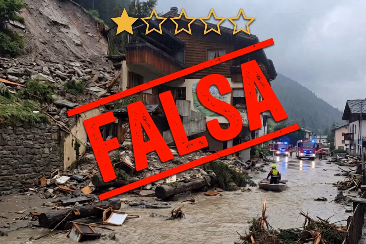 Hotel Corona di Branzi colpito da una frana con sovrimpressa la scritta Falsa