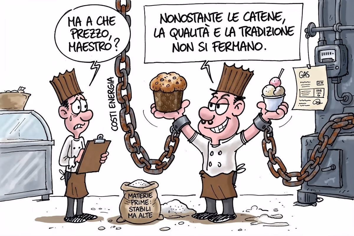 vignetta satirica su costi energia e materie prime in pasticceria