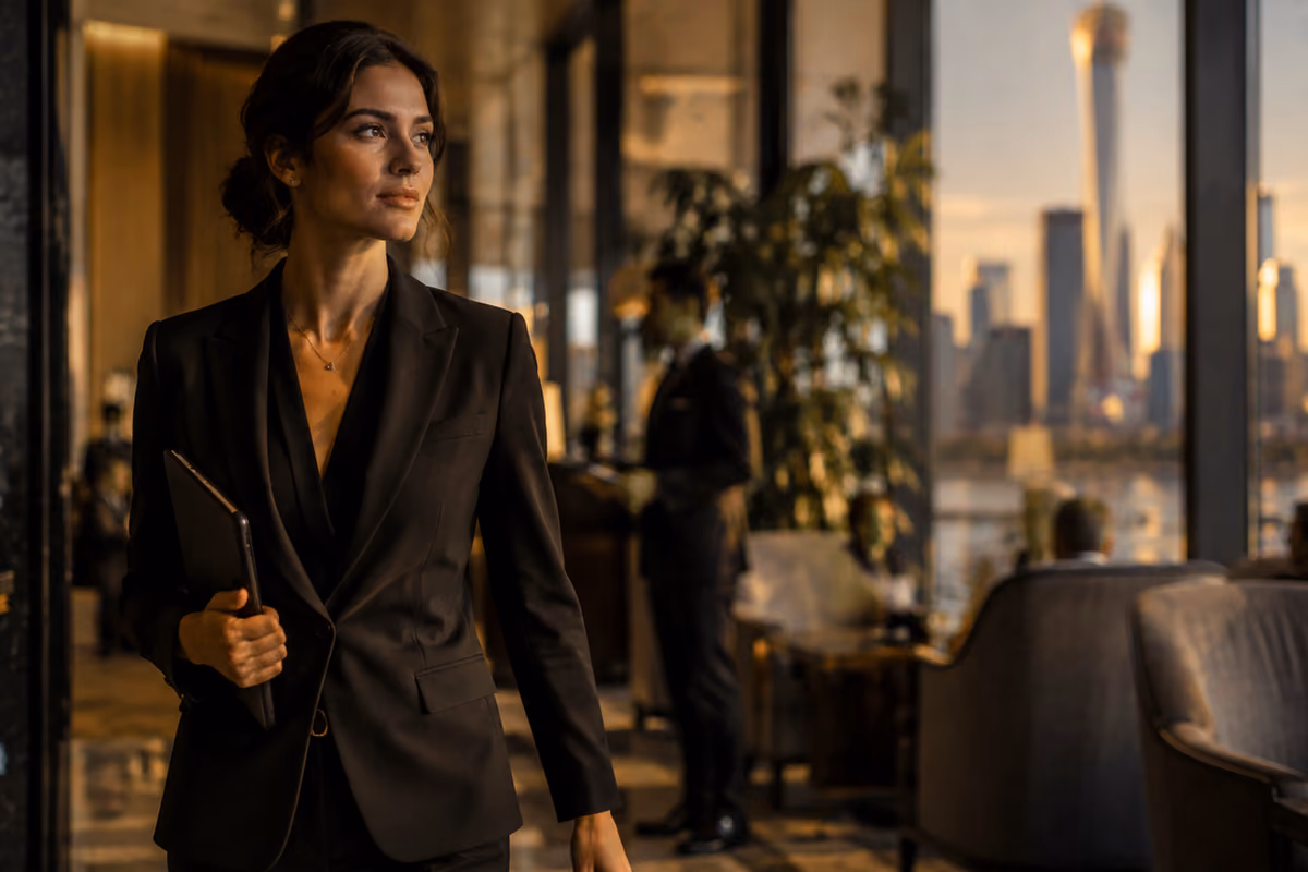 Donna in tailleur nero con tablet in una hall di lusso con skyline