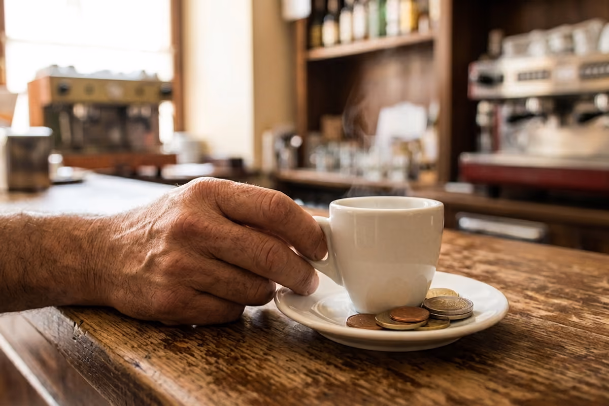 mano di un cliente che tiene una tazzina di caffè con monete sul piattino