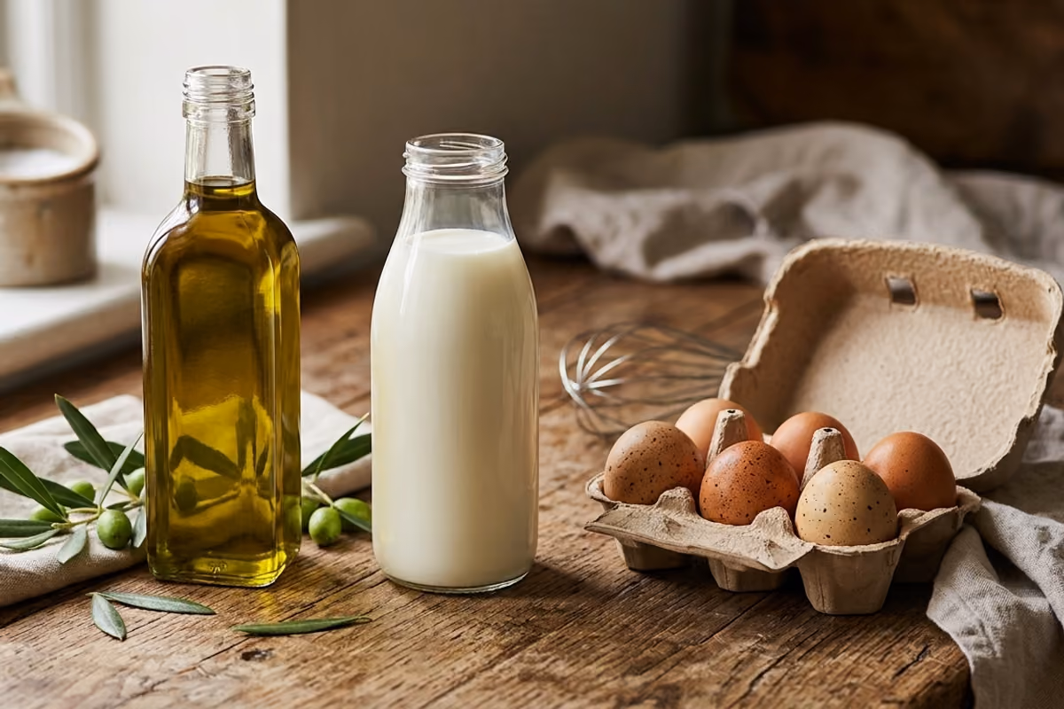 bottiglia di olio, contenitore con latte e cartone di uova su tavolo rustico