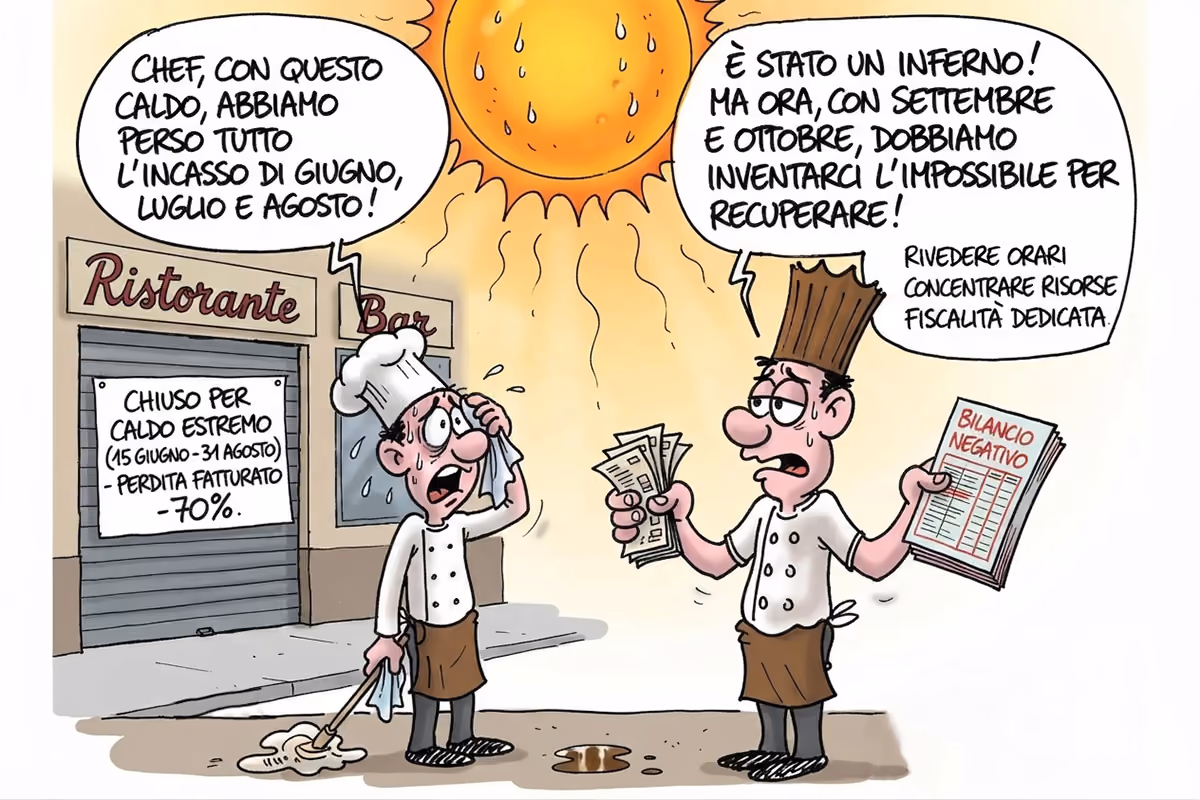 vignetta satirica con due chef preoccupati davanti a un ristorante chiuso per caldo