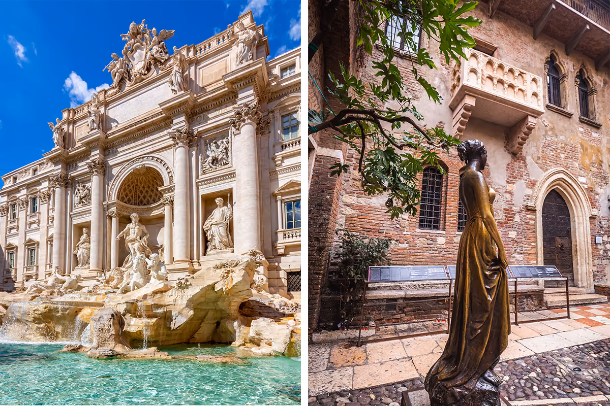 Fontana di Trevi a Roma e balcone di Giulietta a Verona