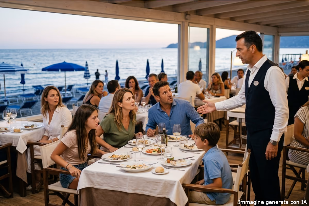 cameriere che discute con una famiglia seduta a un tavolo di un ristorante
