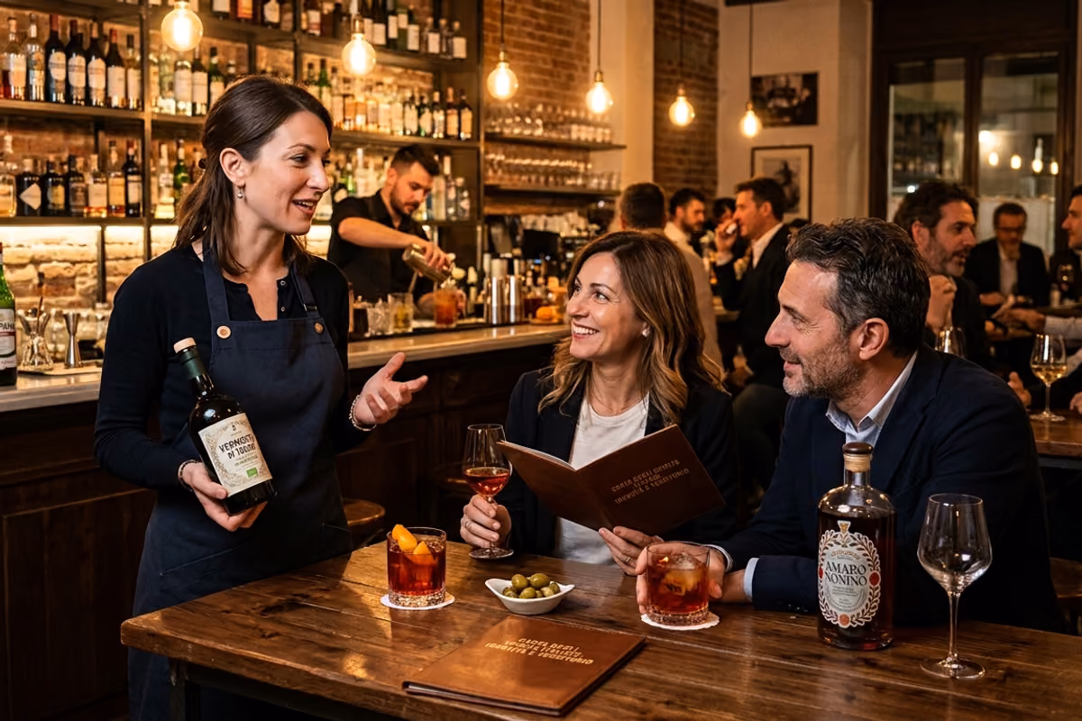 Una barista mostra una bottiglia di Vermouth a una coppia seduta al tavolo