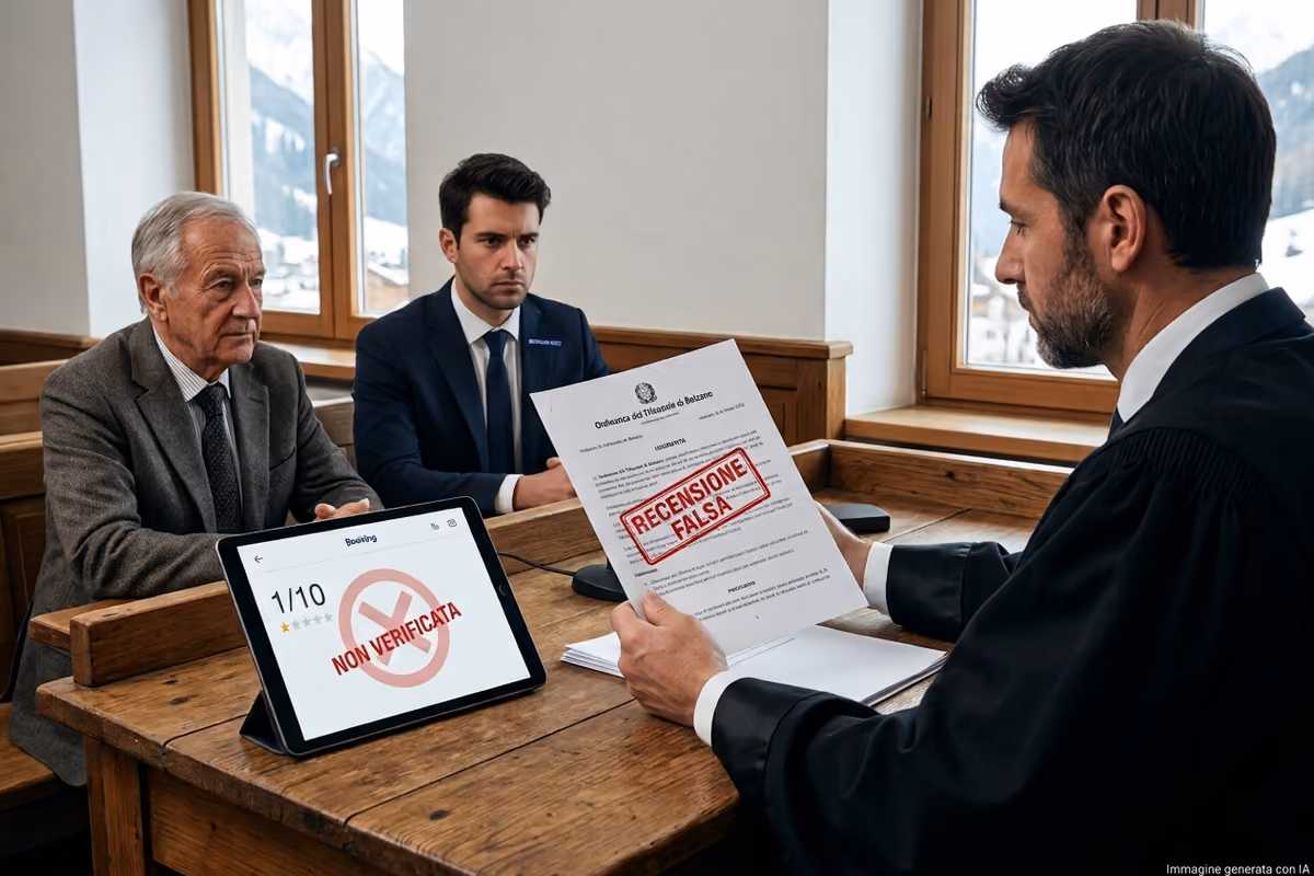 Un giudice mostra un documento con la scritta "recensione falsa" a due uomini