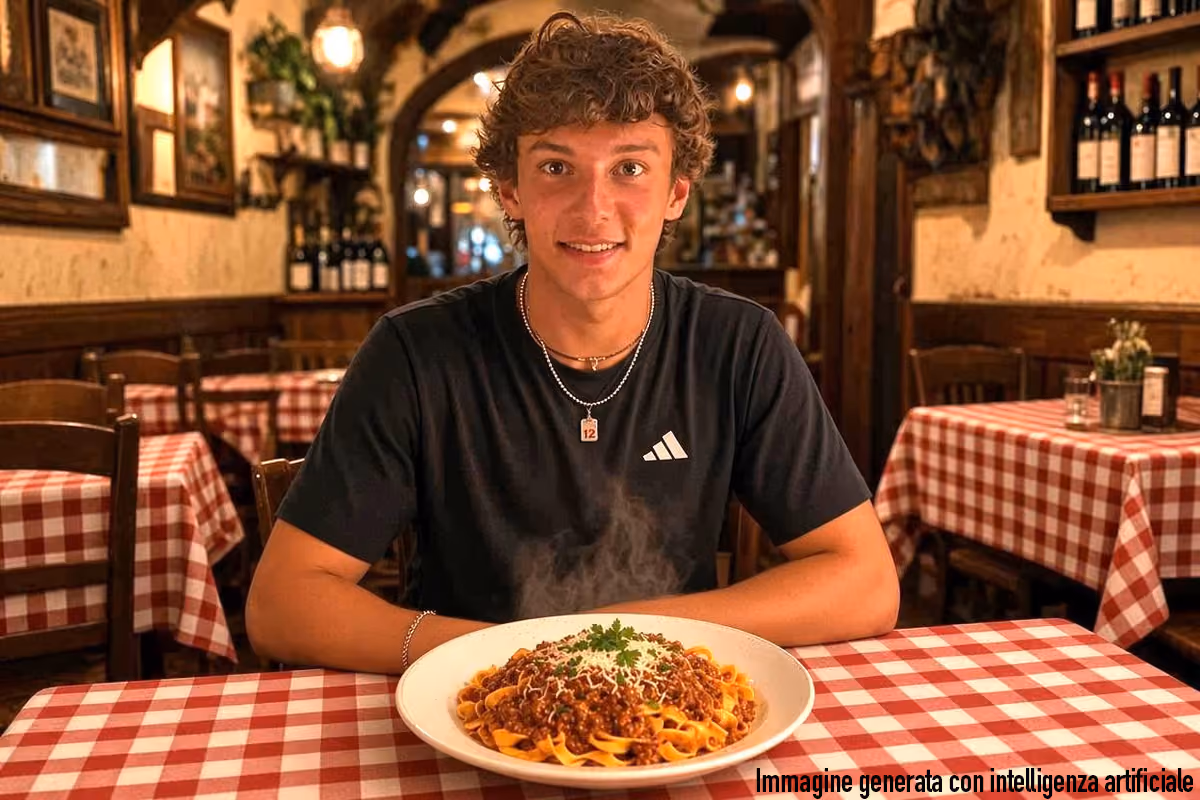 Kimi Antonelli seduto al tavolo davanti a un piatto di tagliatelle al ragù