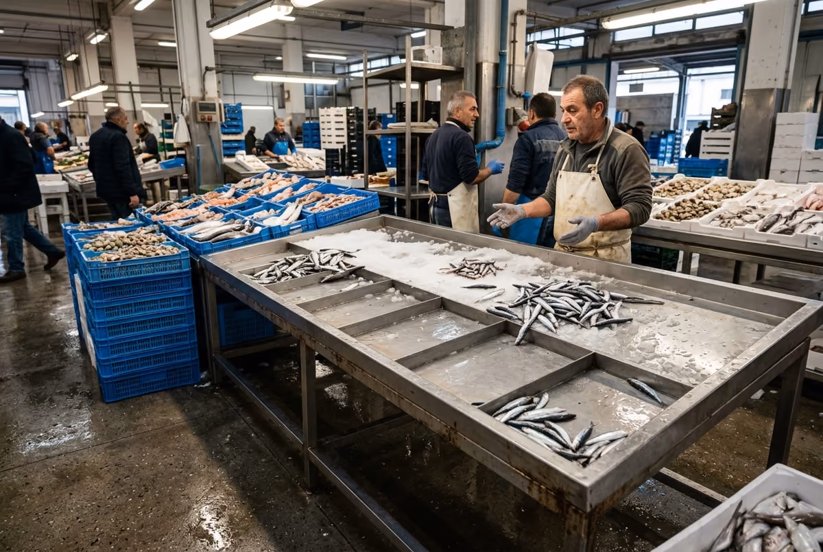 pescivendoli al lavoro presso un mercato ittico all'ingrosso con banchi di pesce fresco