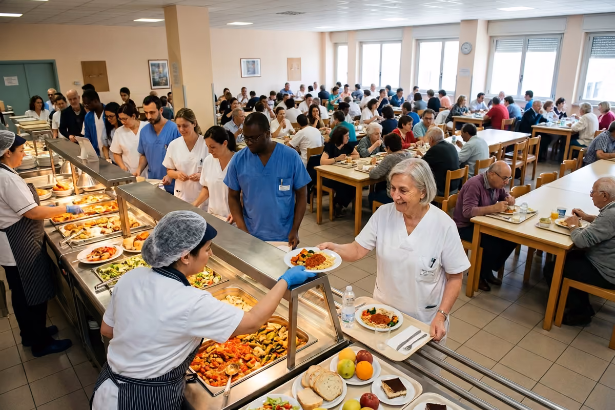 operatrice di mensa serve un pasto a una donna lungo la linea self-service