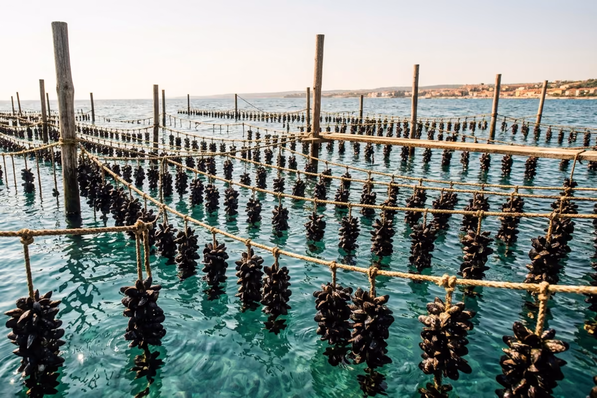 coltivazione di cozze appese a corde in mare aperto
