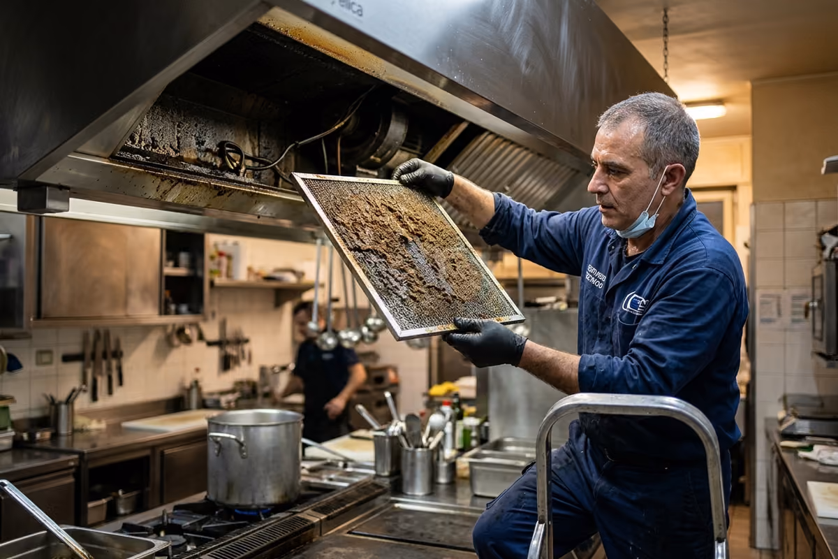 tecnico specializzato estrae un filtro grasso e sporco dalla cappa di una cucina
