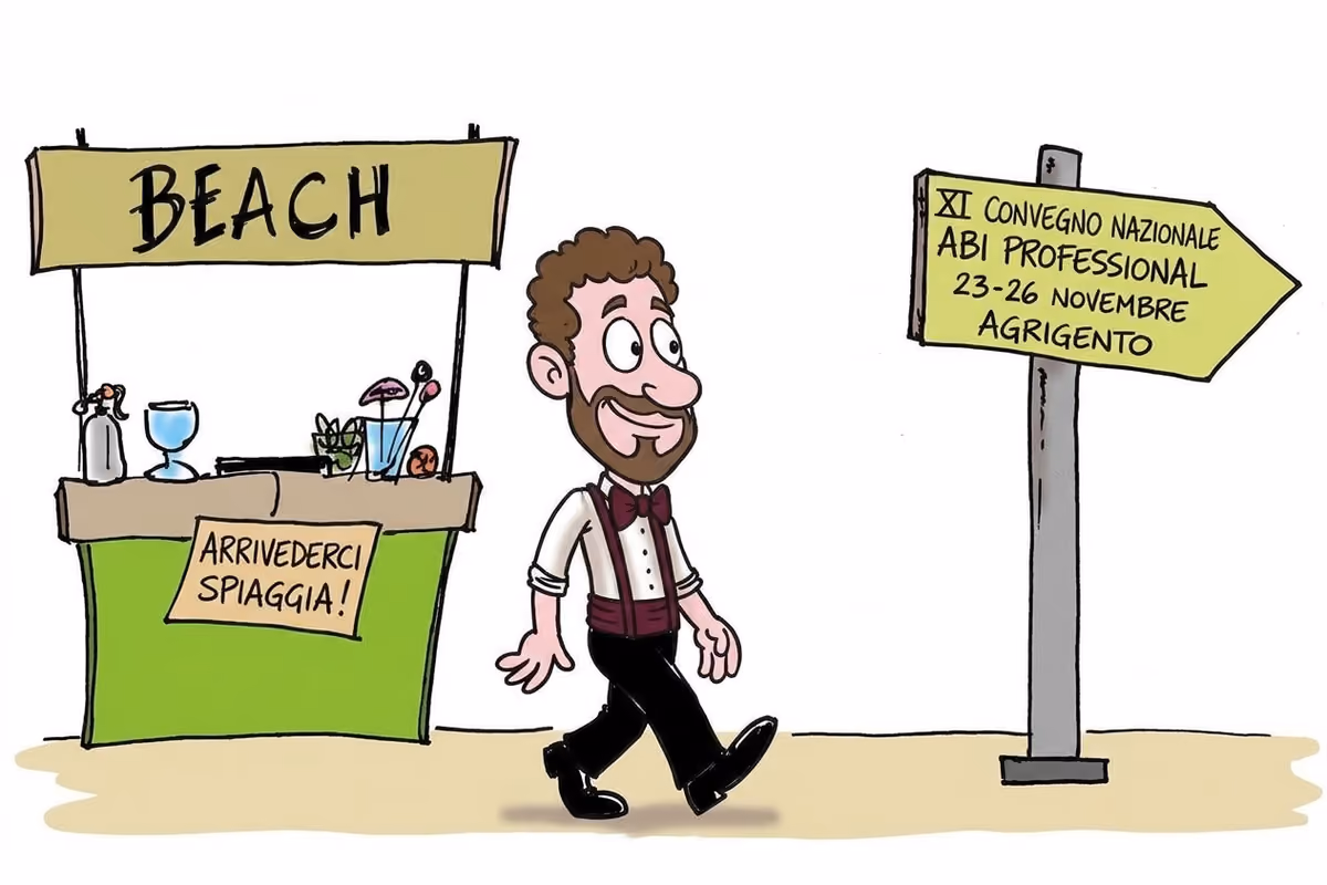 Disegno di un barista che lascia un bancone verso il convegno ABI Professional