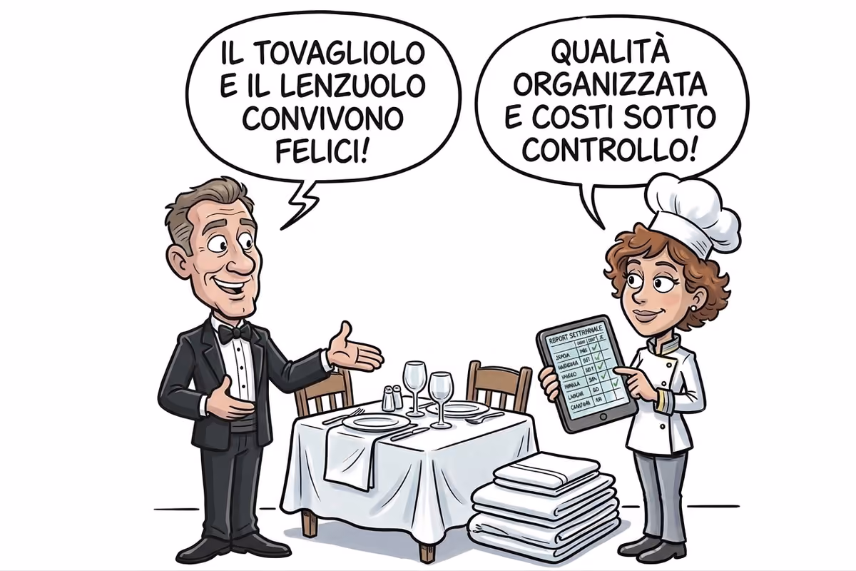 Un cameriere e una chef discutono su gestione costi e biancheria