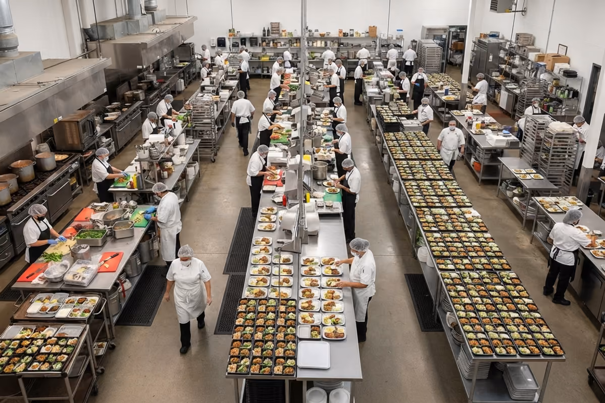 chef e addetti in una cucina industriale preparano pasti per la grande distribuzione