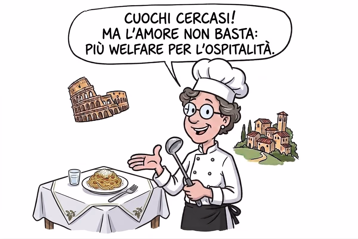 Illustrazione con chef in cucina, Colosseo, borgo italiano e slogan sul welfare