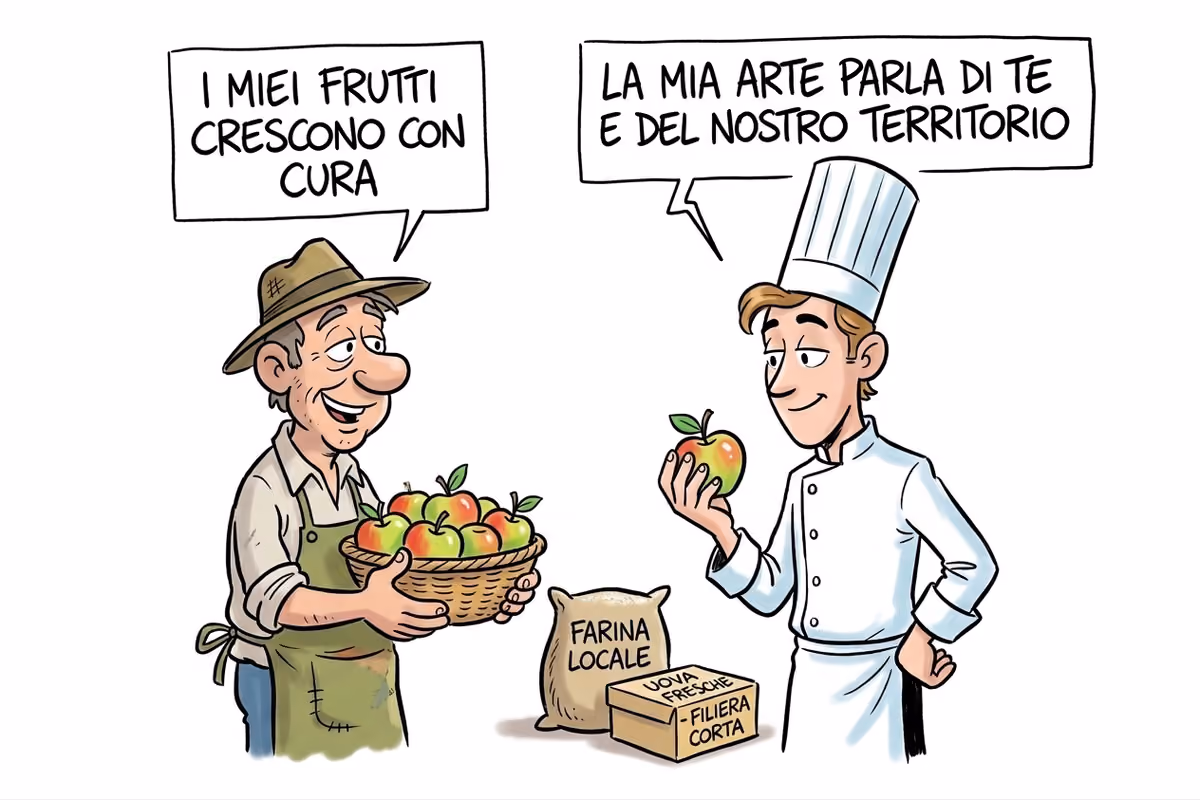 Un agricoltore offre cesti di mele a uno chef in un vignetta illustrata