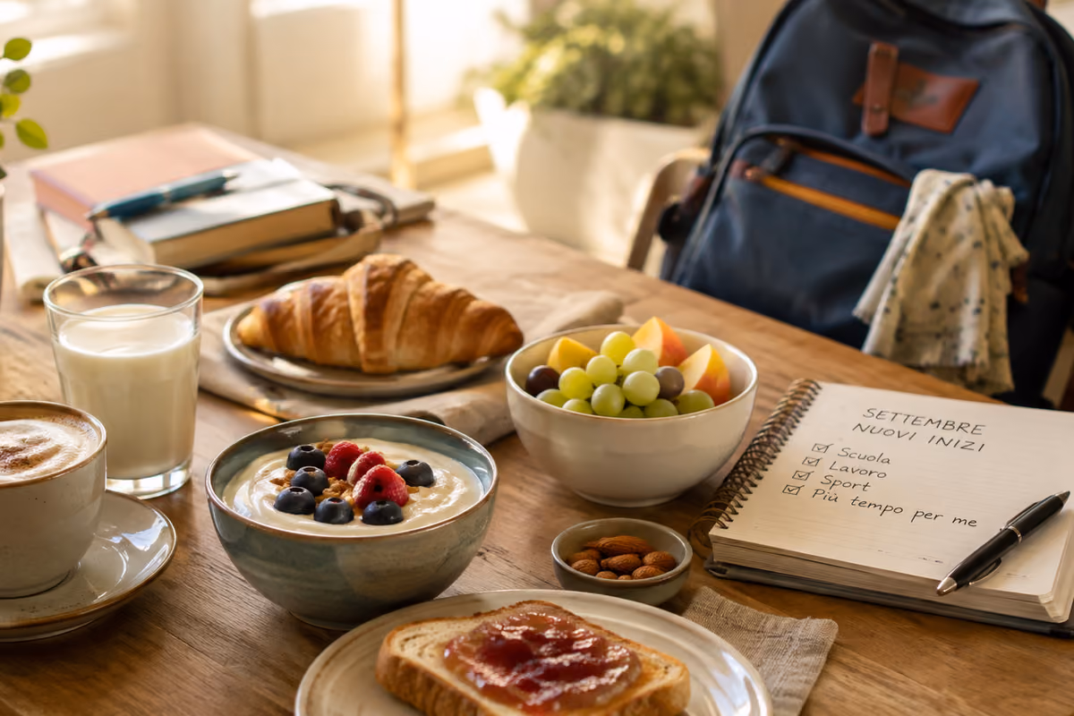 Tavola imbandita per la colazione con yogurt, frutta, cornetto e lista di buoni propositi