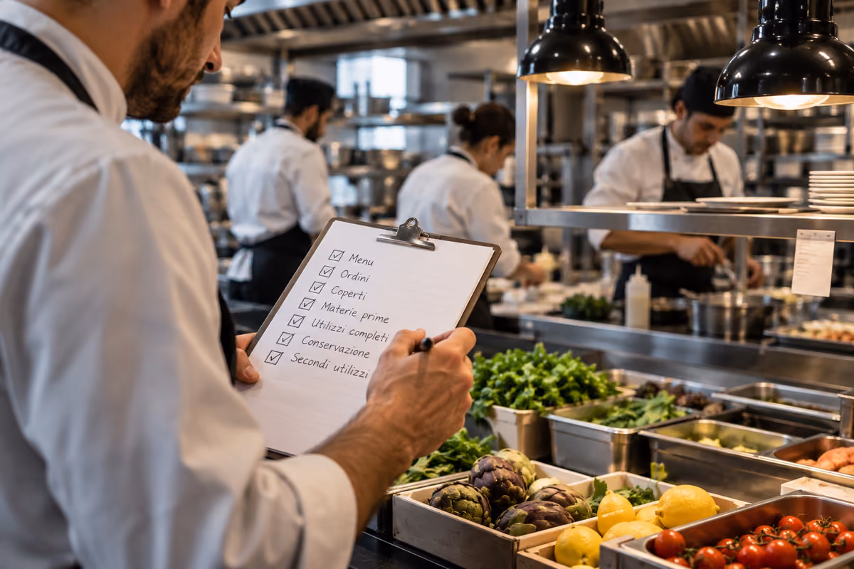 Chef controlla una lista di verifiche in una cucina professionale con ingredienti freschi