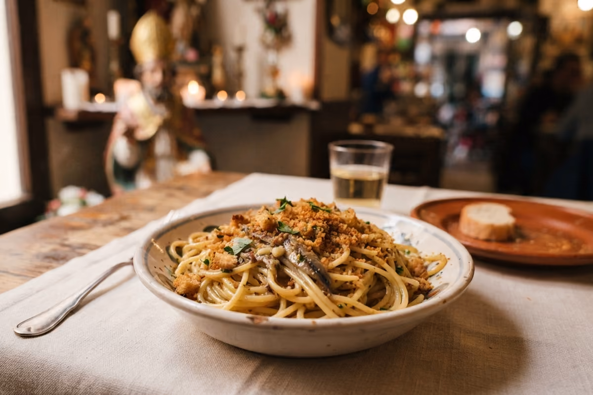 piatto di spaghetti con pangrattato e acciughe servito su un tavolo in ristorante