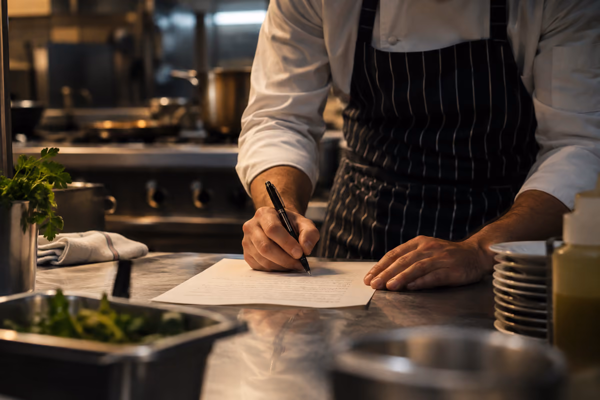 chef con grembiule rigato scrive su un foglio in cucina professionale