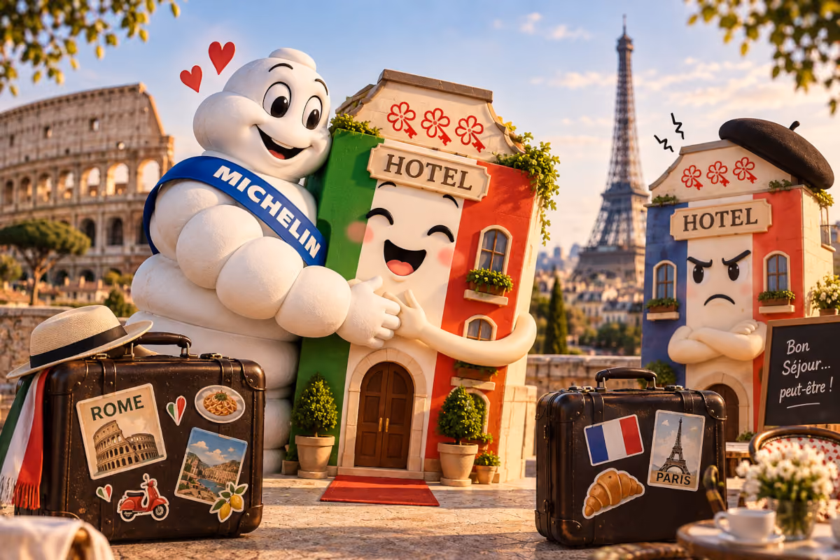 Bibendum abbraccia un hotel italiano davanti al Colosseo con uno francese in sottofondo